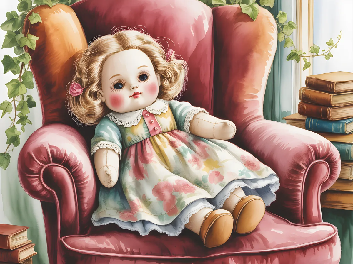 Vintage Doll in Pink Chair Watercolor Wall Art