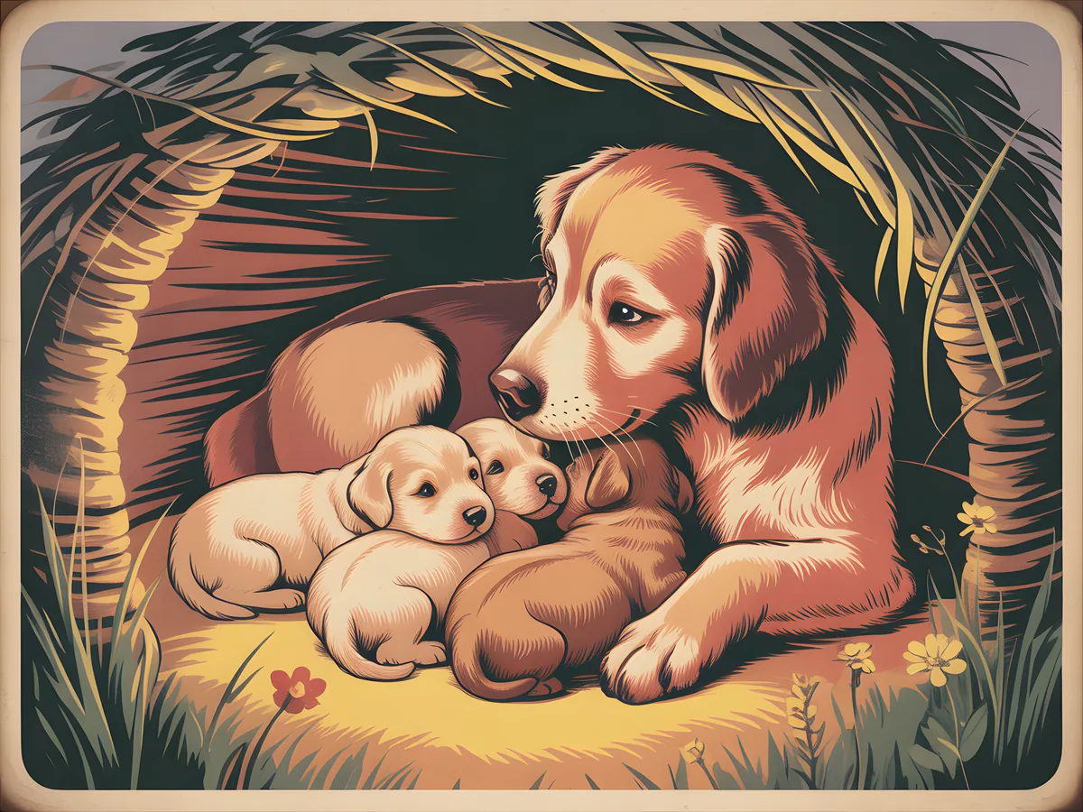 Vintage Mother Dog and Puppies Nest Wall Art
