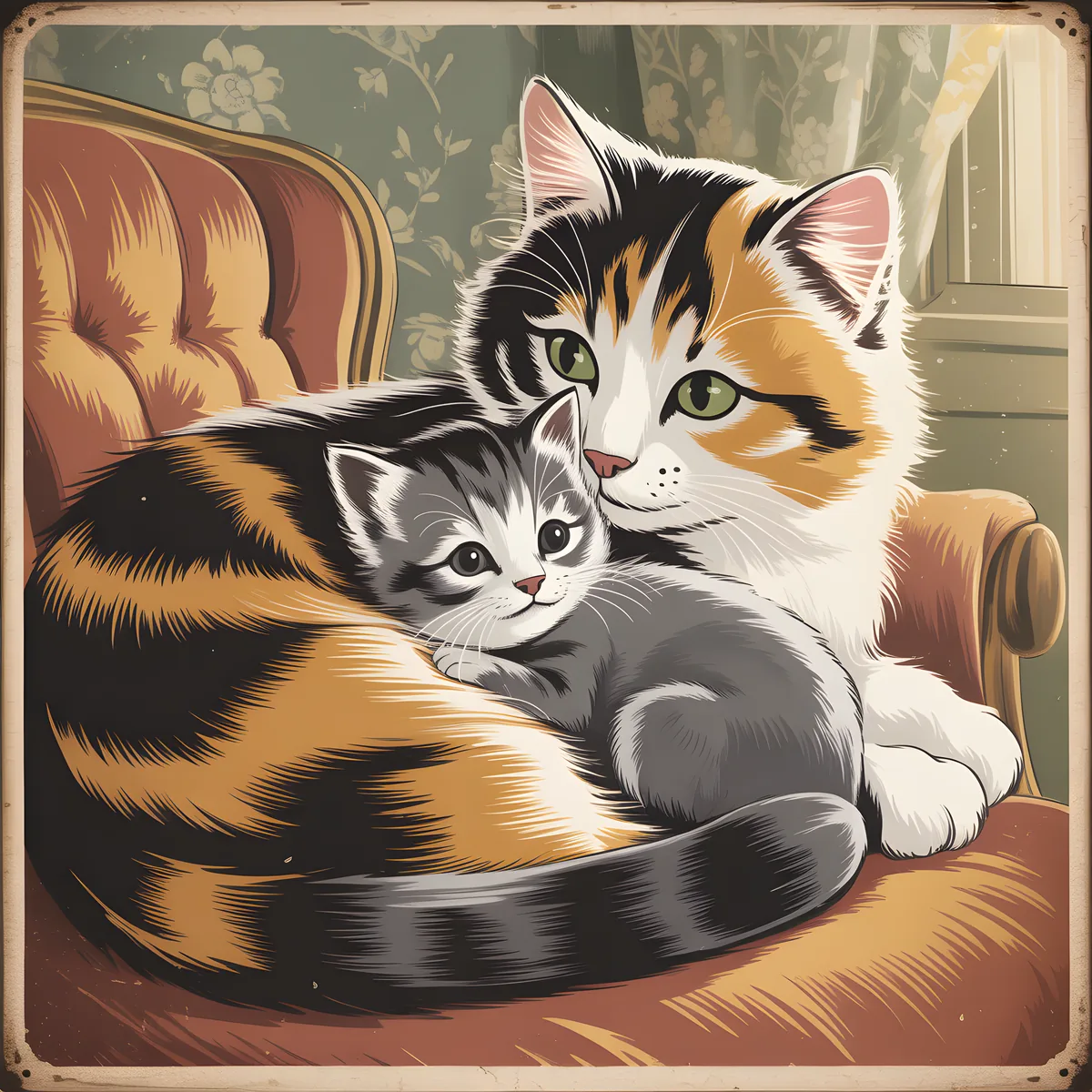 Calico Mother Cat with Kitten Vintage Wall Art