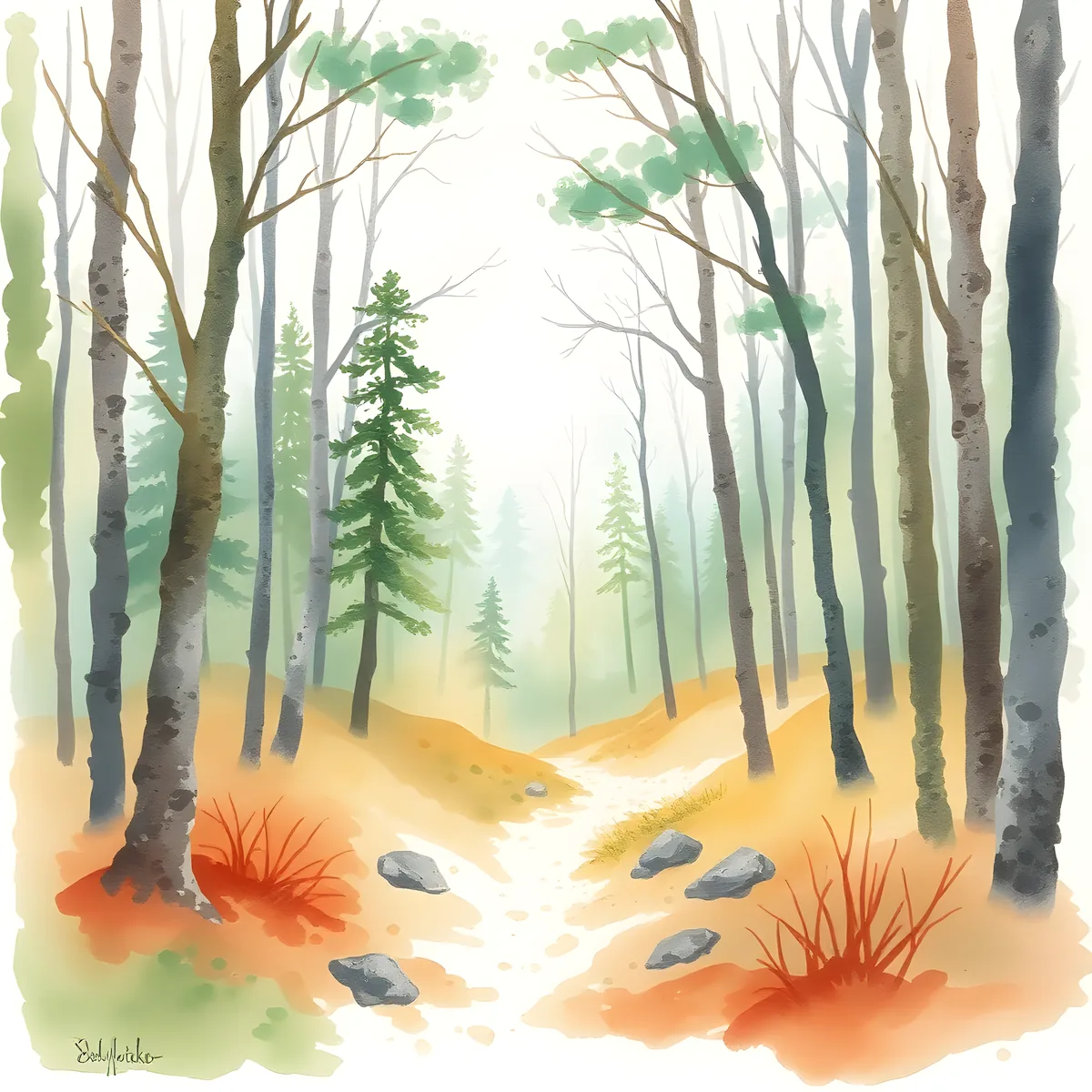Misty Forest Stream Watercolor Wall Art