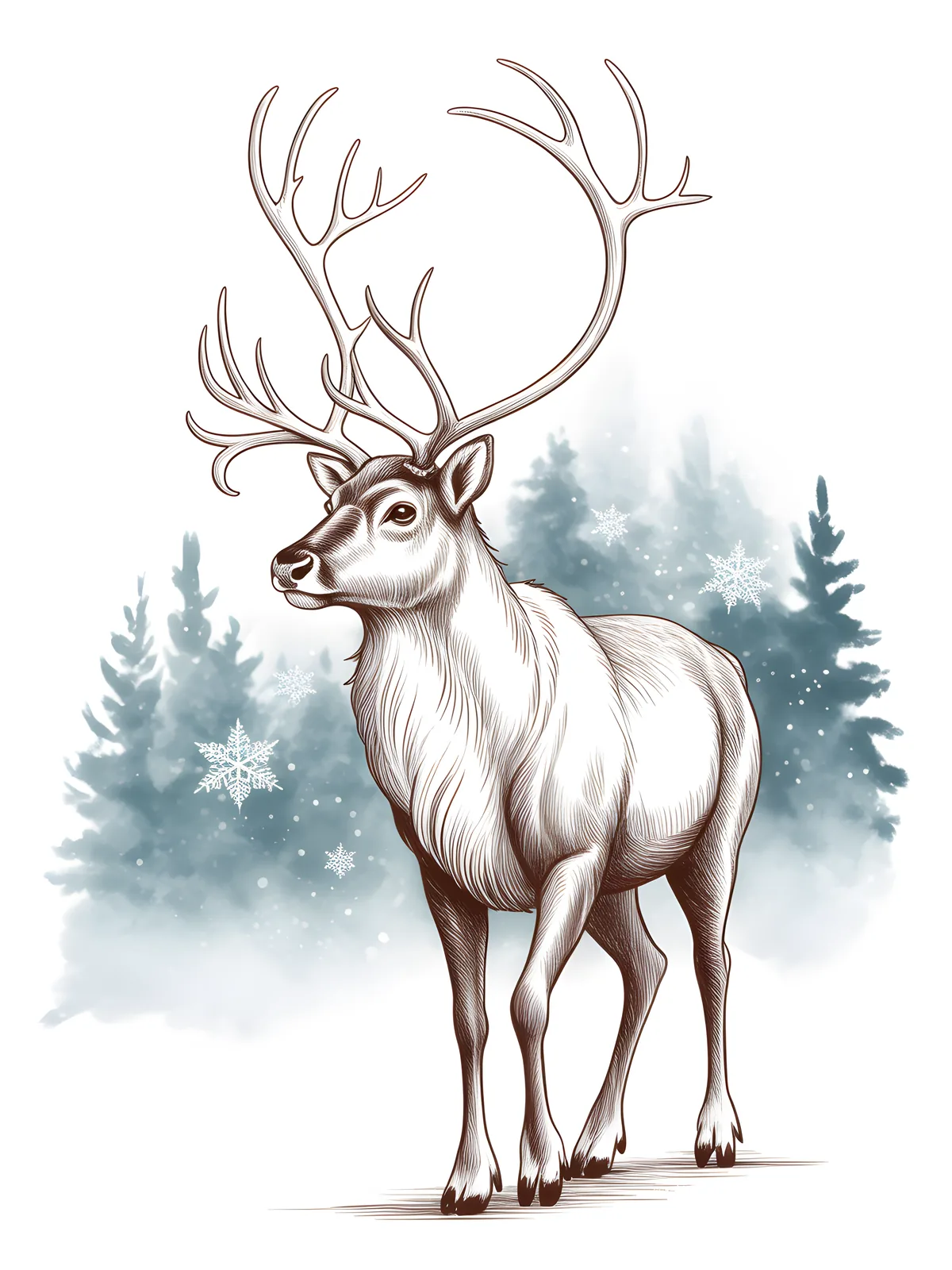 Winter Reindeer Line Art with Snowy Forest Wall Art