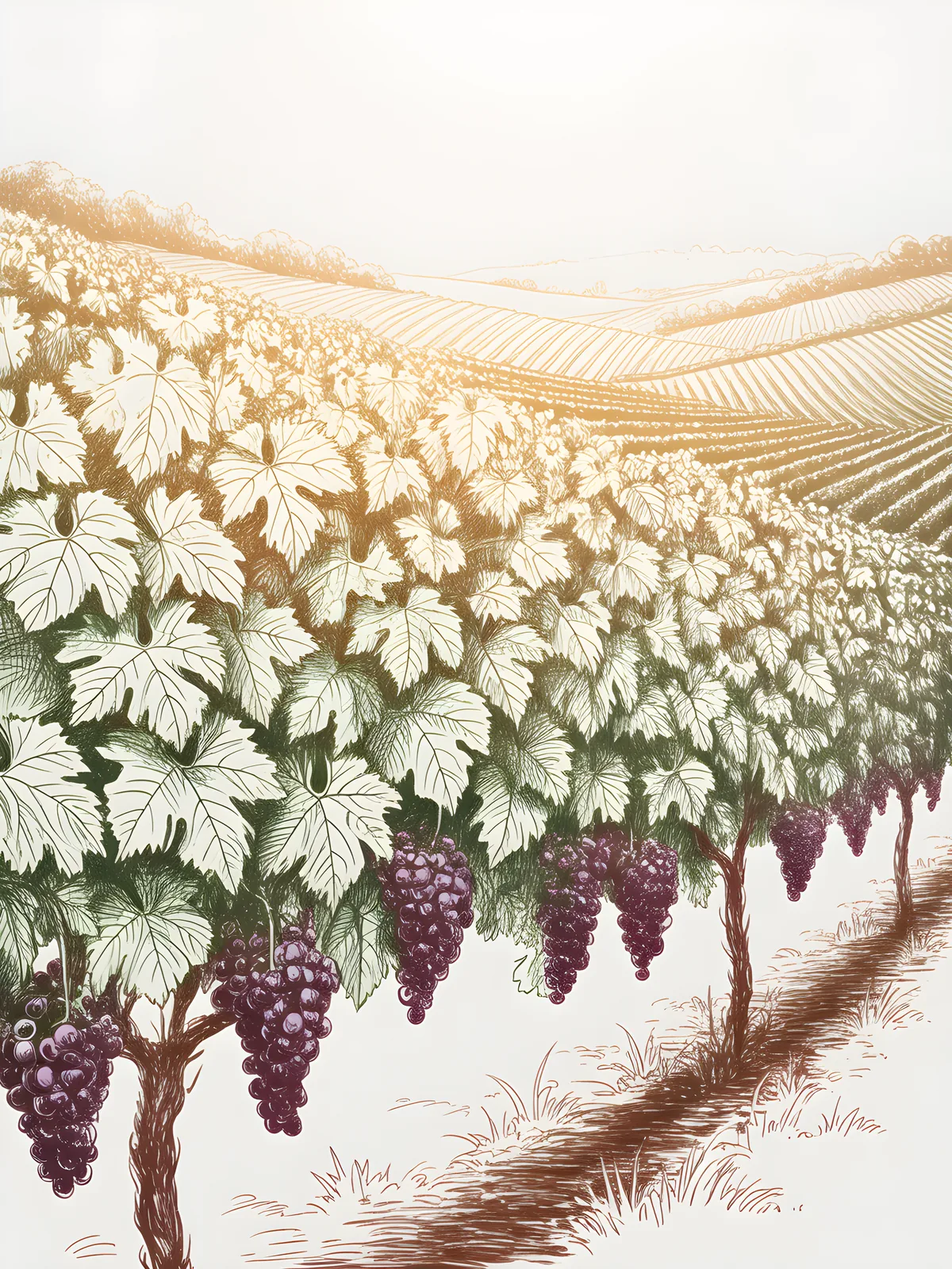 Vineyard Landscape with Purple Grapes Line Art Wall Art