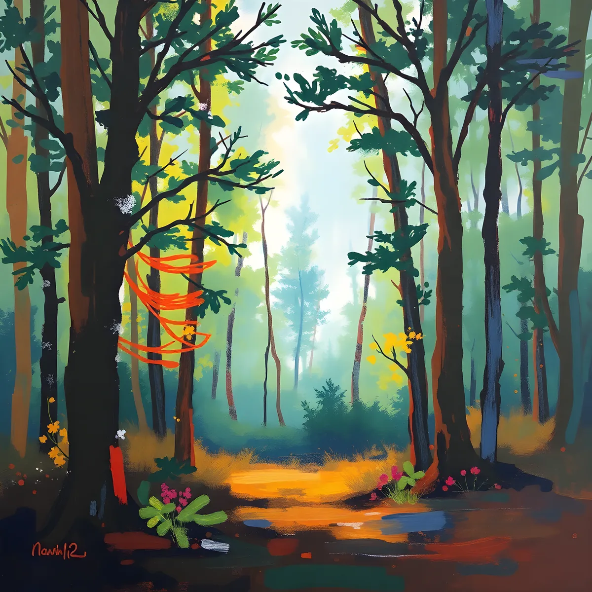 Abstract Forest Path with Orange Light - Modern Wall Art