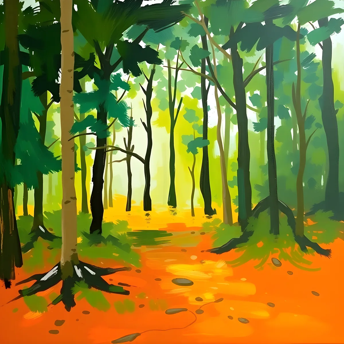 Abstract Forest Path Orange Floor Modern Wall Art