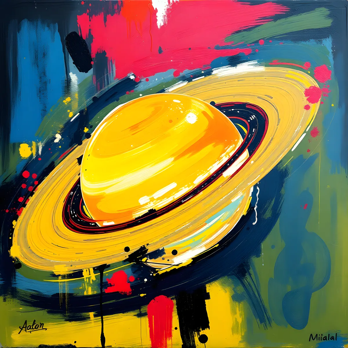 Abstract Yellow Planet with Rings - Modern Space Wall Art