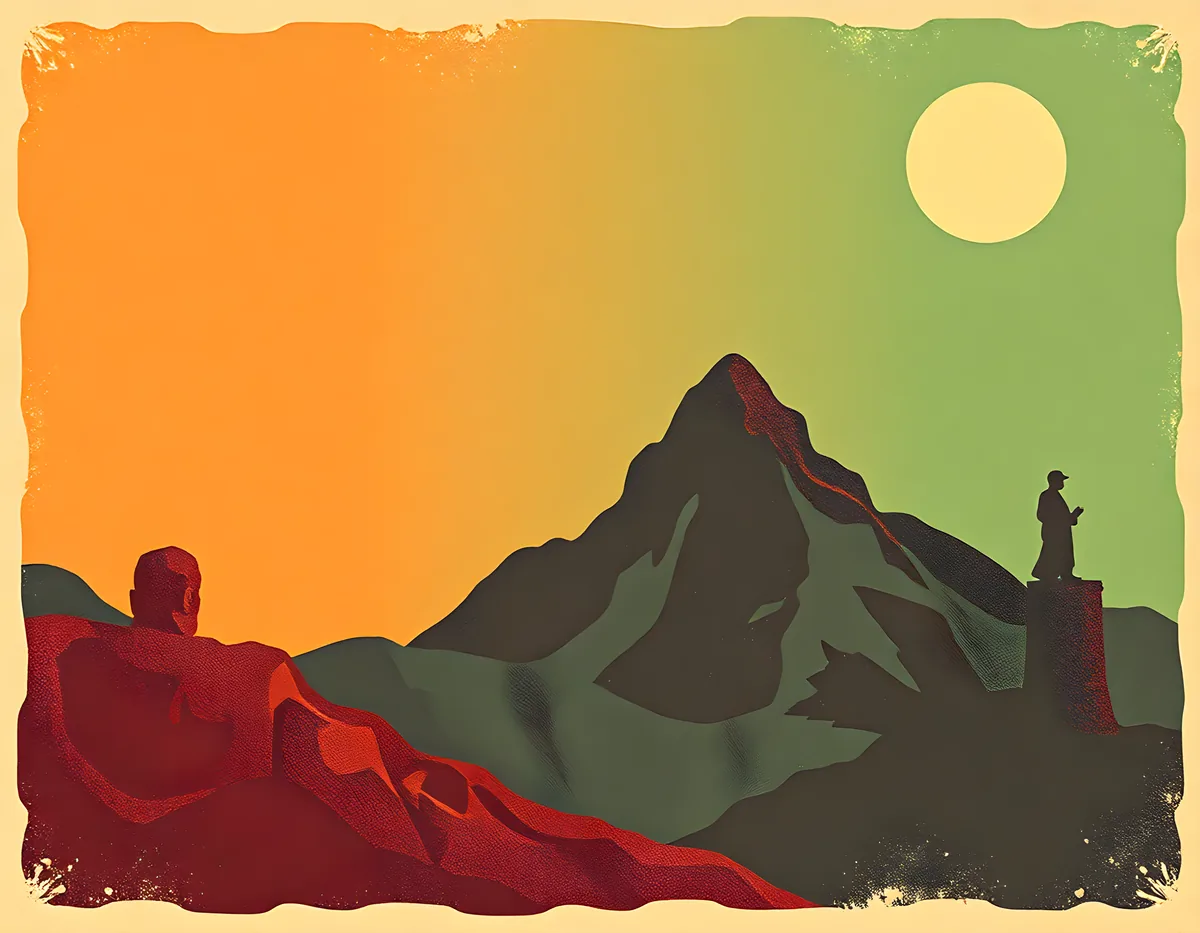 Vintage Mountain Landscape with Hikers - Retro Wall Art
