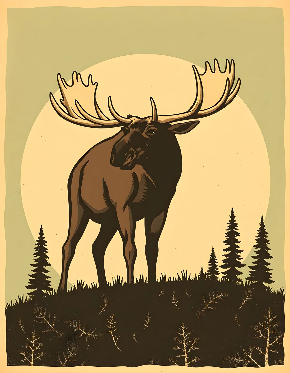 Vintage Moose Silhouette Moon Forest Wall Art