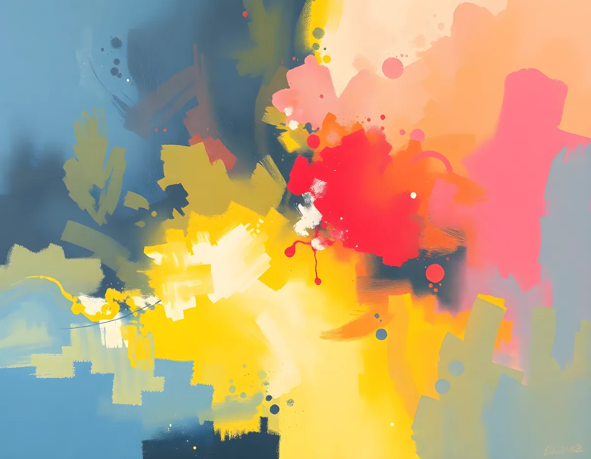 Vibrant Abstract Splatter Yellow Red Pink Blue Wall Art
