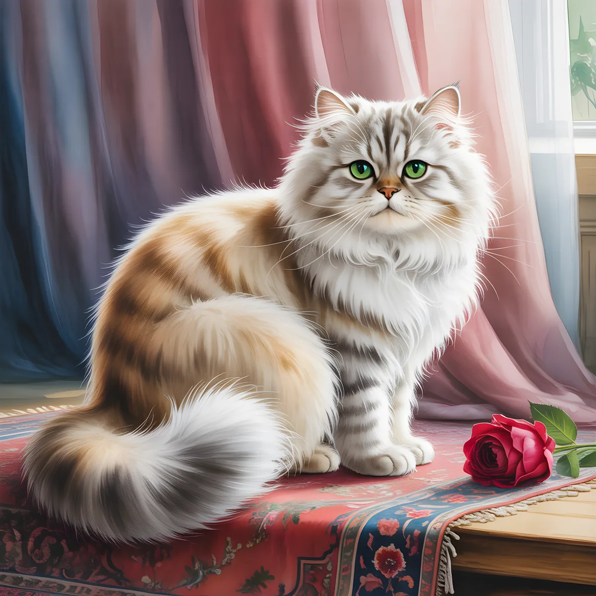 Fluffy Cat with Green Eyes Watercolor Wall Art