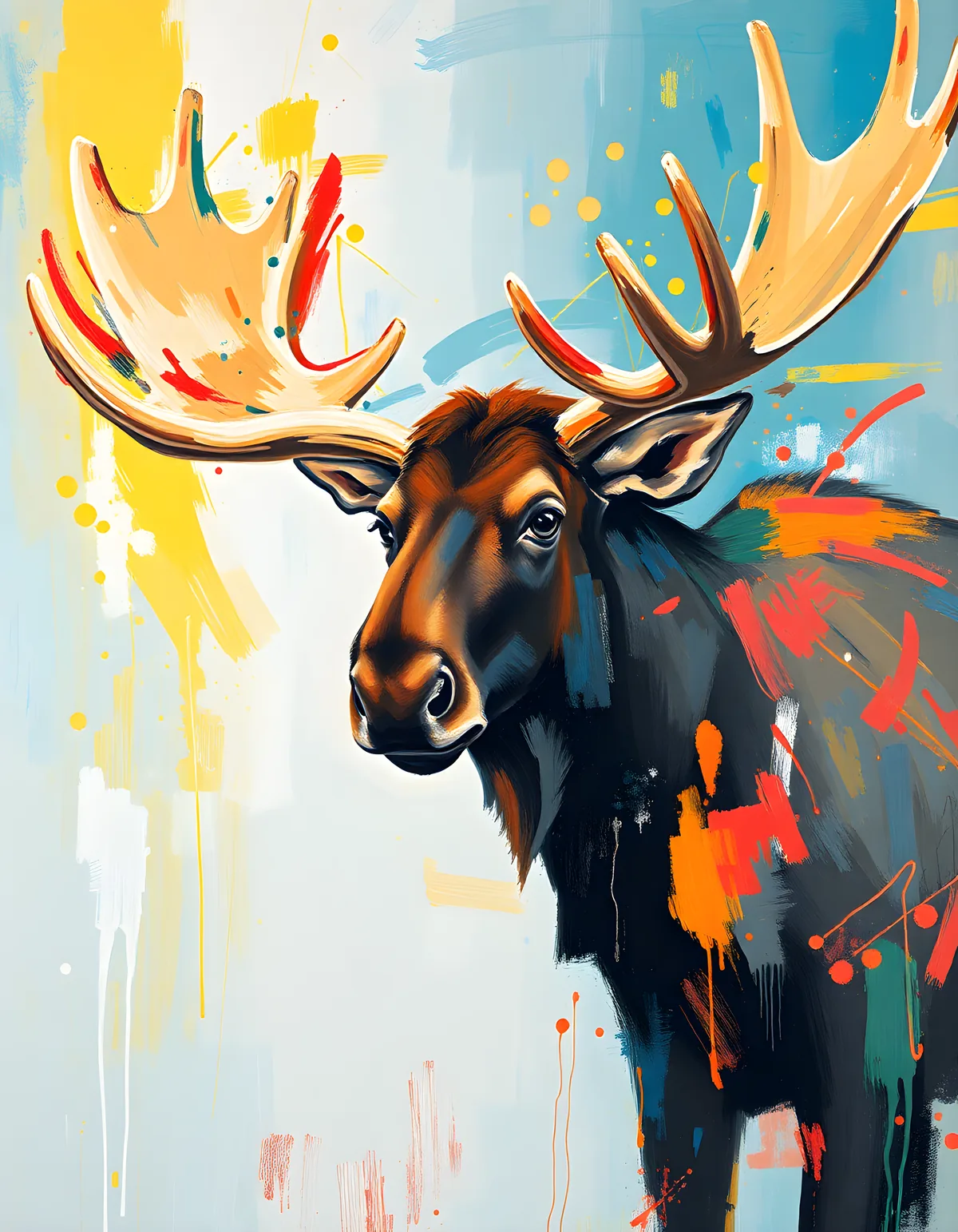Abstract Moose Head Portrait Colorful Modern Wall Art