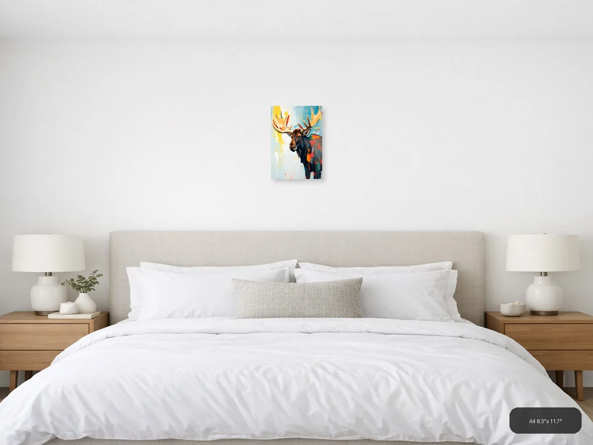 Abstract Moose Head Portrait Colorful Modern Wall Art shown in a room setting at 24 × 30 in