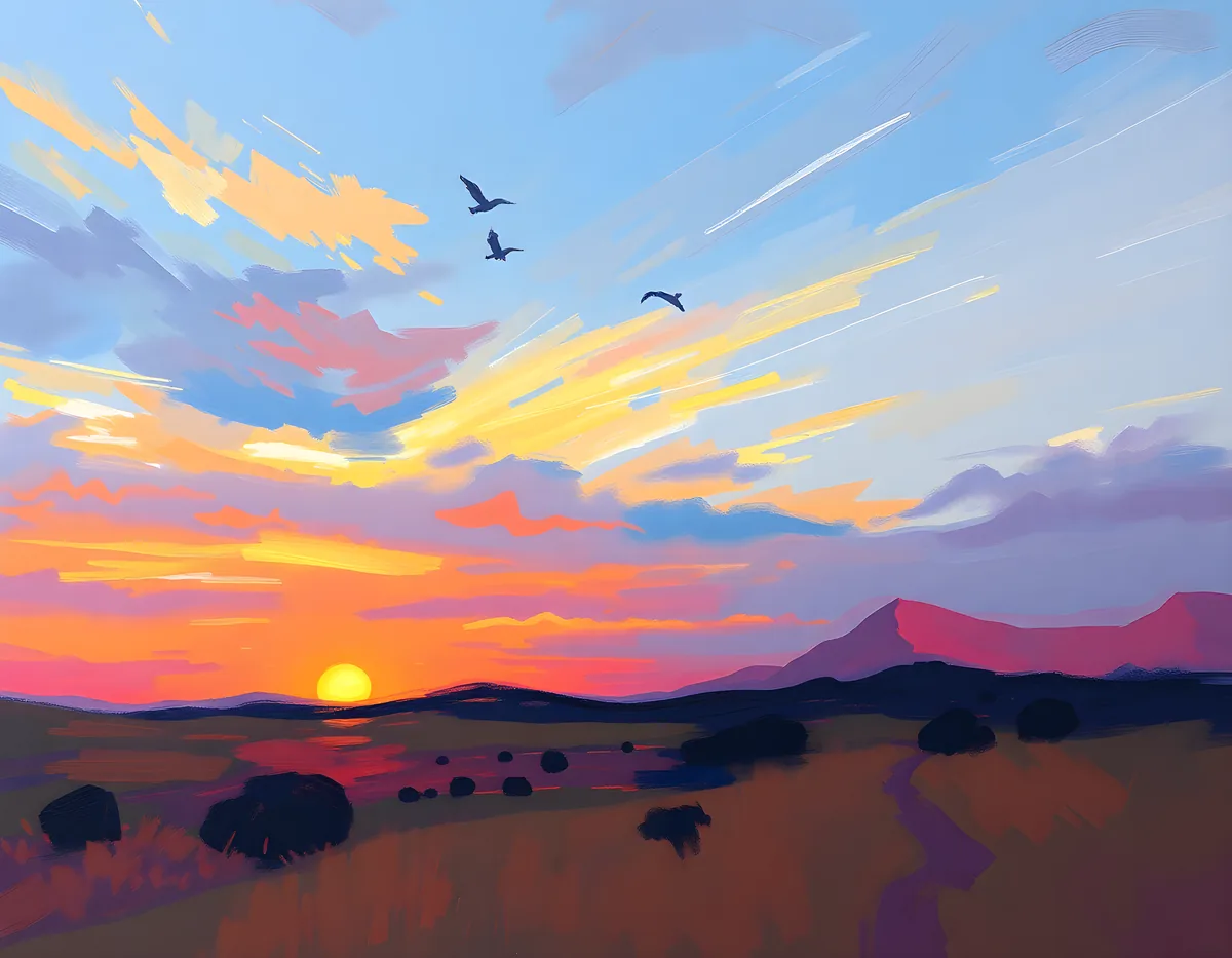 Abstract Sunset Landscape with Birds - Canvas Wall Art