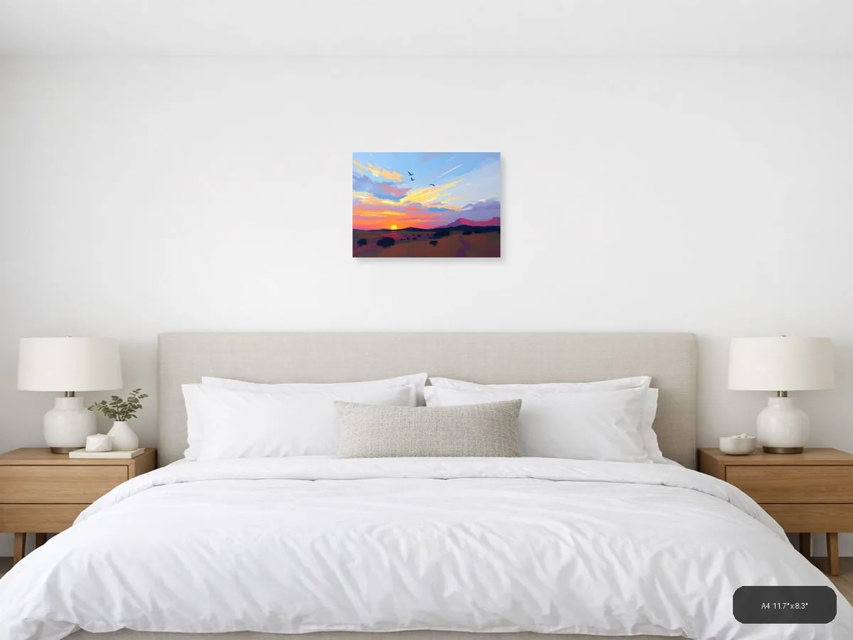 Abstract Sunset Landscape with Birds - Canvas Wall Art shown in a room setting at 30 × 24 in