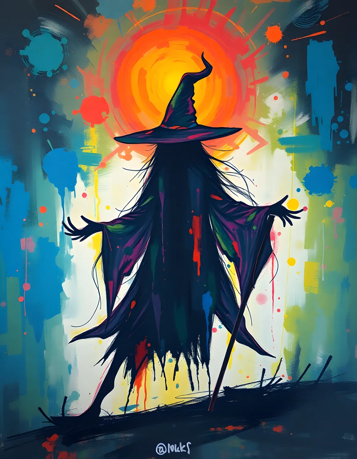Abstract Wizard Silhouette with Glowing Sun Wall Art