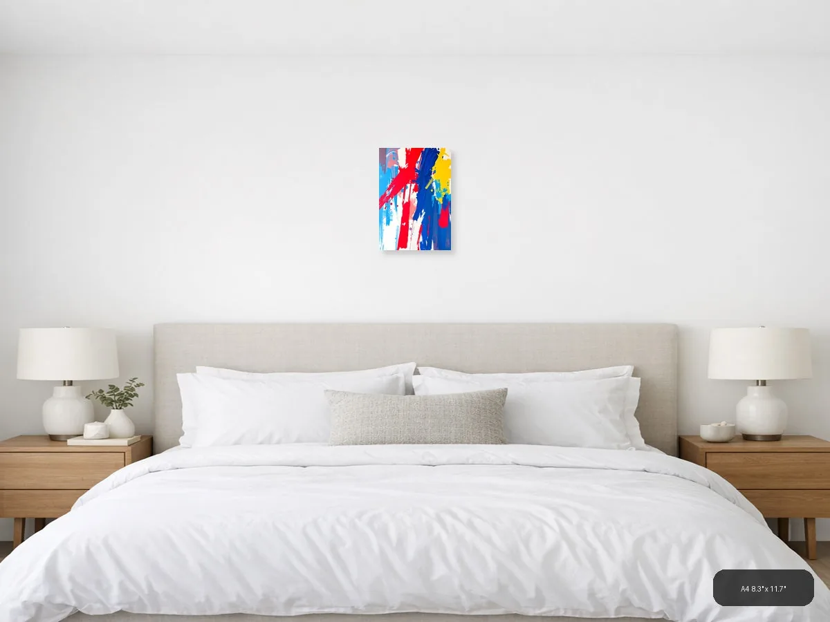 Bold Red Blue Yellow Abstract Brushstroke Wall Art shown in a room setting at 24 × 30 in