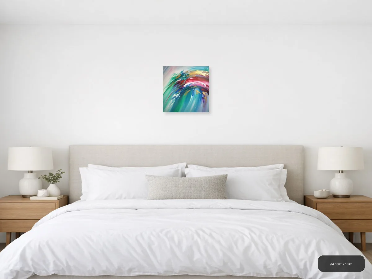 Colorful Abstract Swirl with Gold Accents Wall Art shown in a room setting at 24 × 24 in