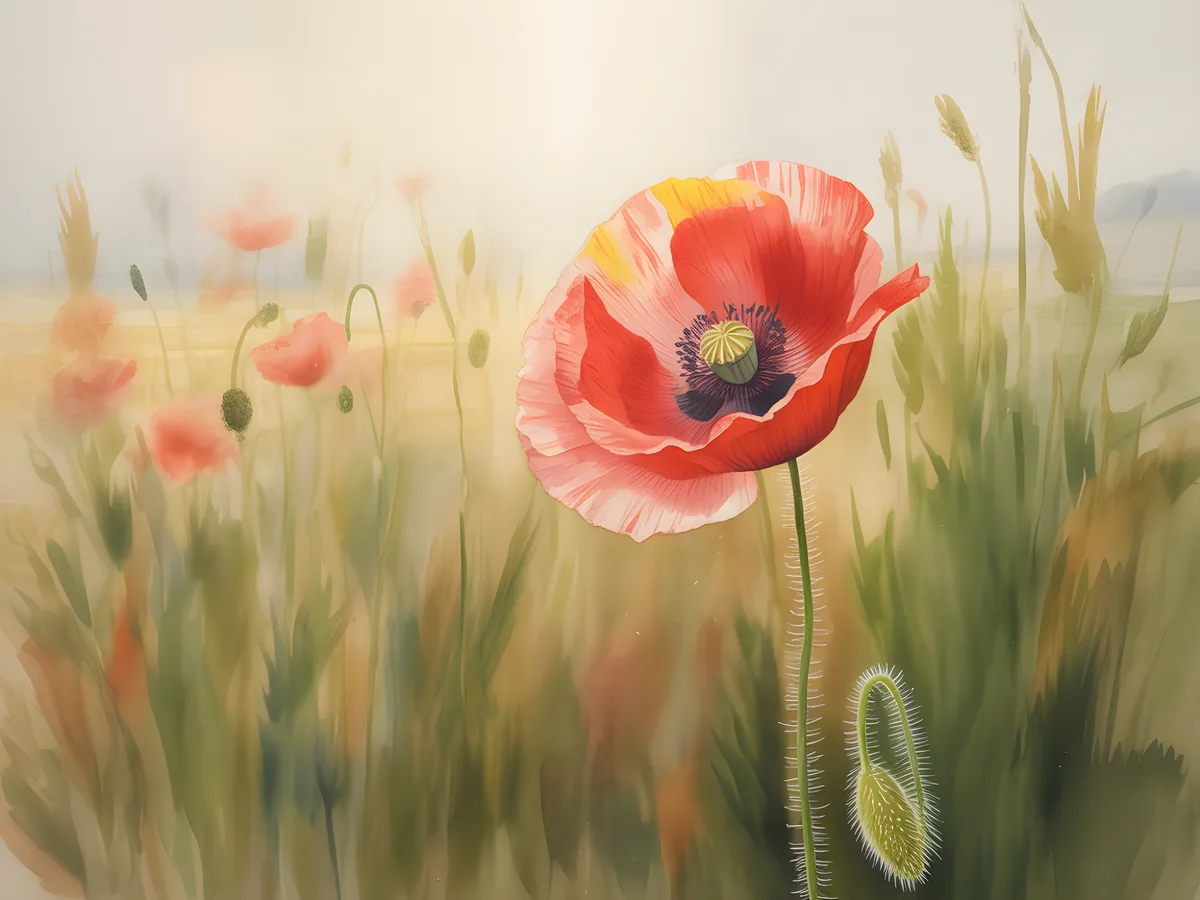 Red Poppy Wildflower Watercolor Landscape Wall Art