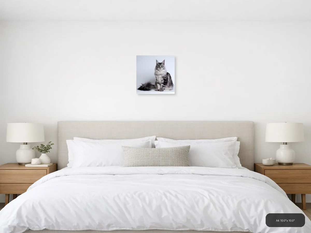 Gray Tabby Cat with Green Eyes Minimalist Wall Art shown in a room setting at 24 × 24 in