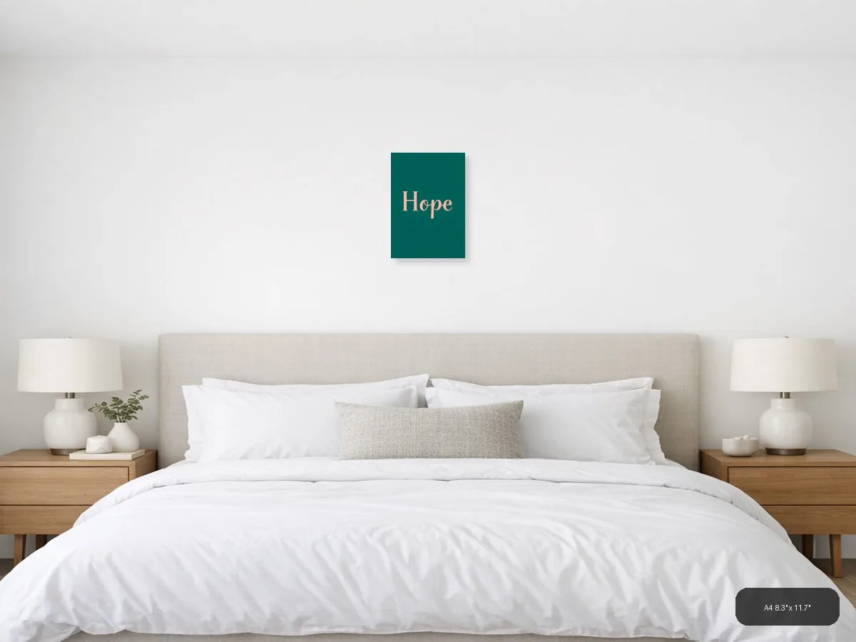 Hope Minimalist Teal and Coral Wall Art Print shown in a room setting at 24 × 30 in