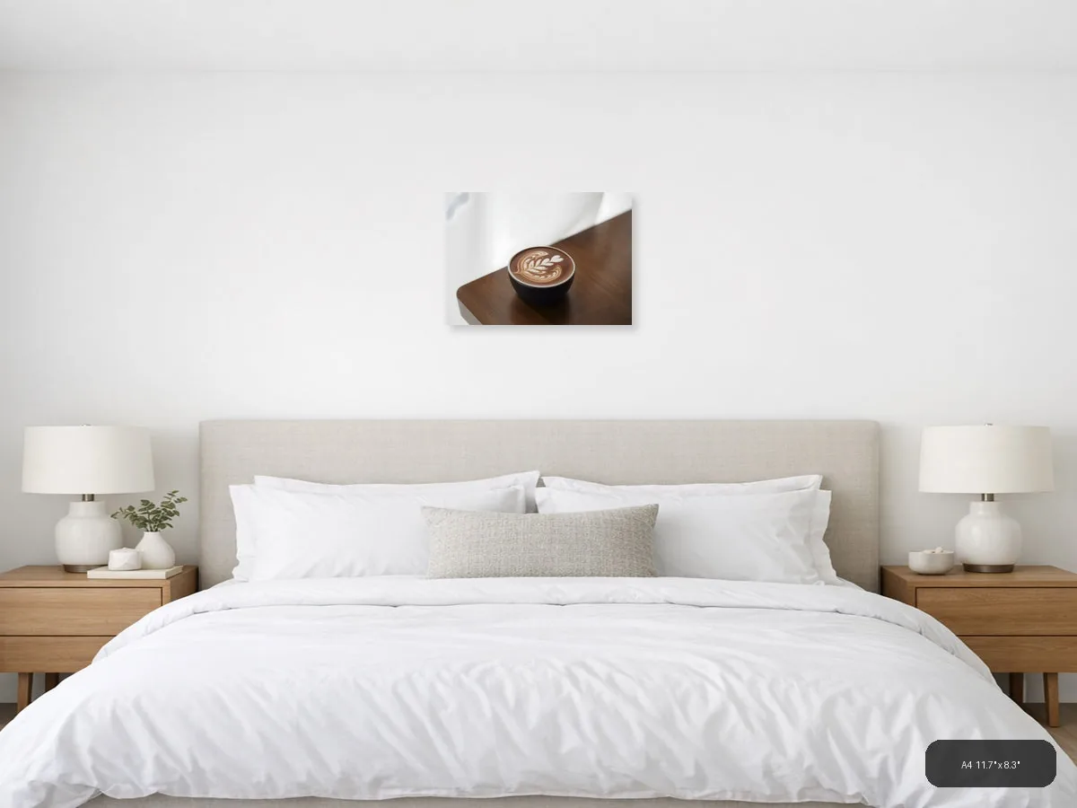 Minimalist Latte Art Coffee Cup Wall Art shown in a room setting at 30 × 24 in