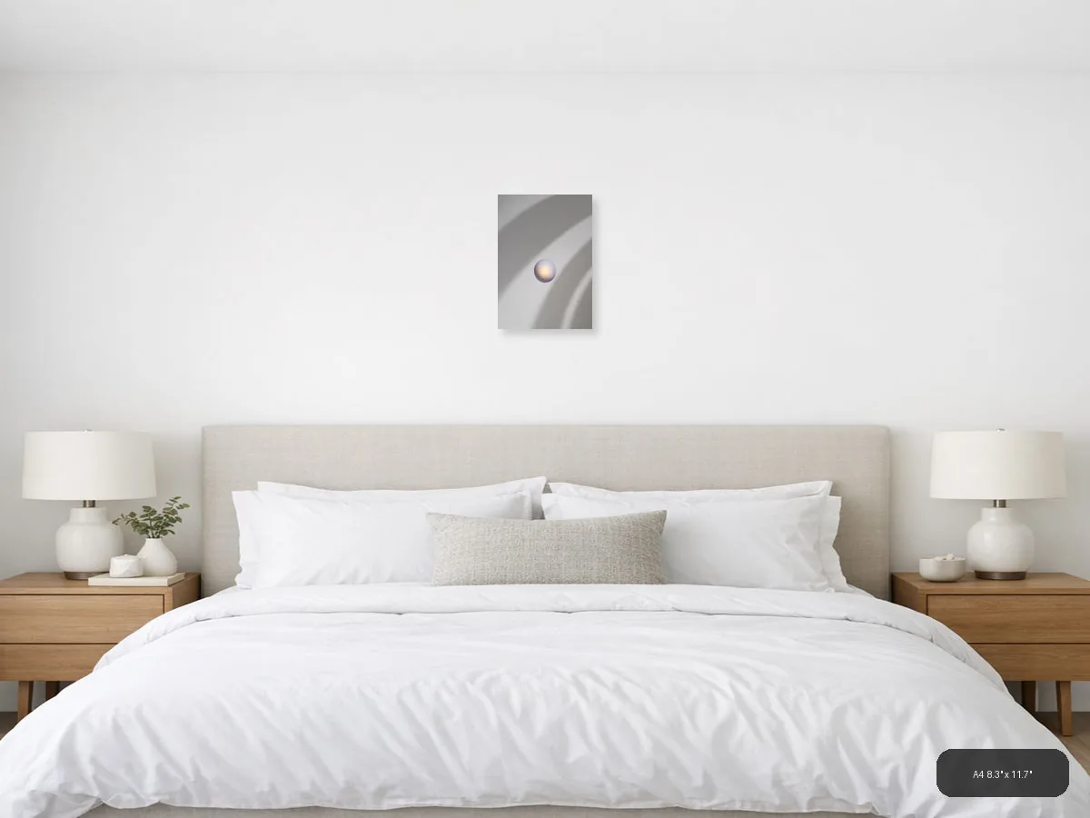 Minimalist Pearl Sphere with Light Rays Wall Art shown in a room setting at 24 × 30 in