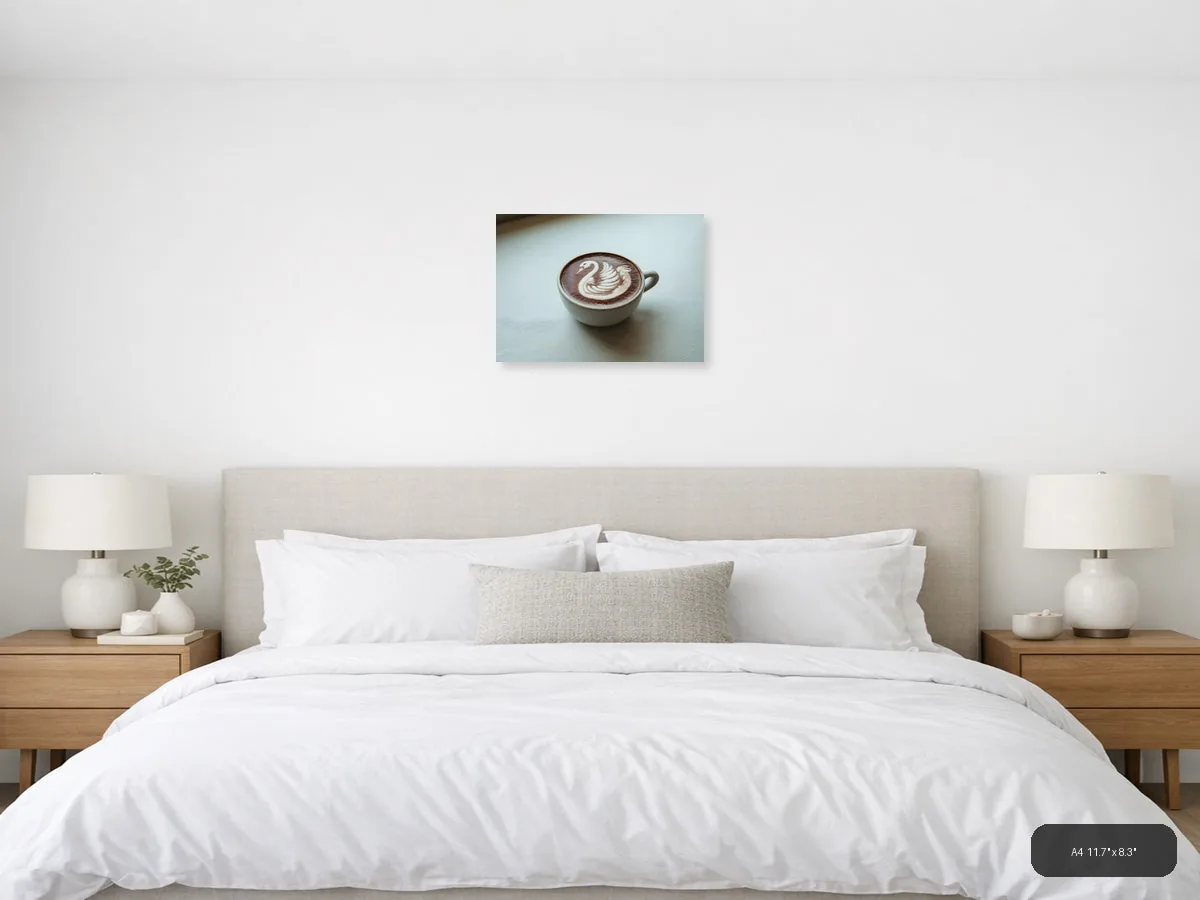 Minimalist Swan Latte Art Coffee Cup Wall Art shown in a room setting at 30 × 24 in