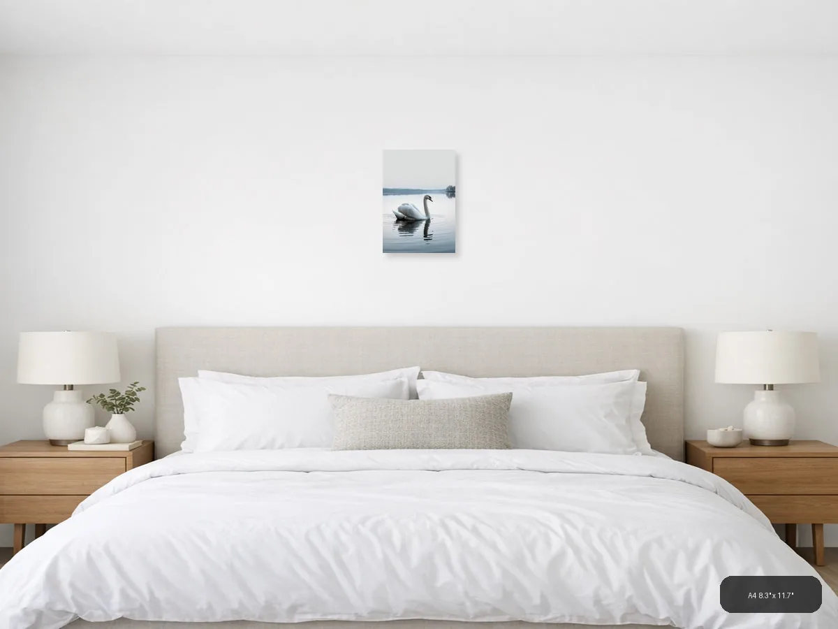 Minimalist White Swan Reflection Lake Wall Art shown in a room setting at 24 × 30 in
