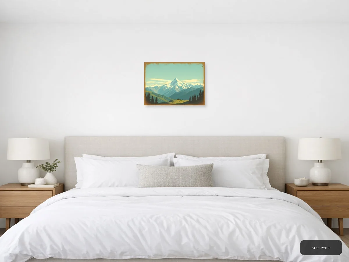 Snow-Capped Mountain Peak Vintage Landscape Wall Art shown in a room setting at 30 × 24 in