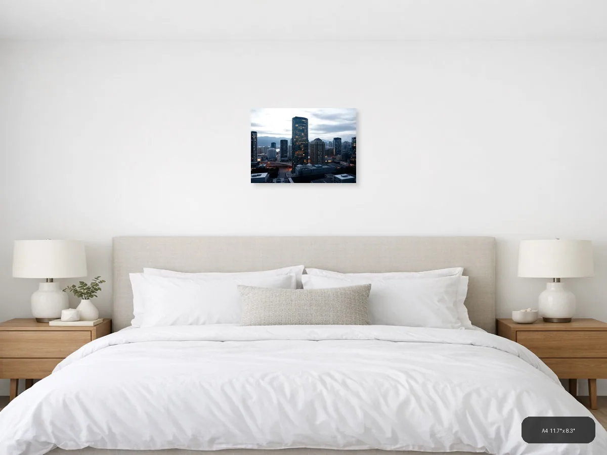Urban Skyline at Dusk with Glowing Windows | Modern City Wall Art shown in a room setting at 30 × 24 in