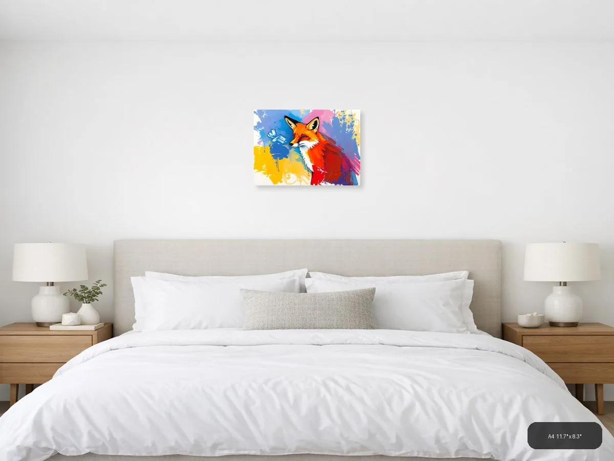 Vibrant Abstract Fox Portrait Splatter Wall Art shown in a room setting at 30 × 24 in