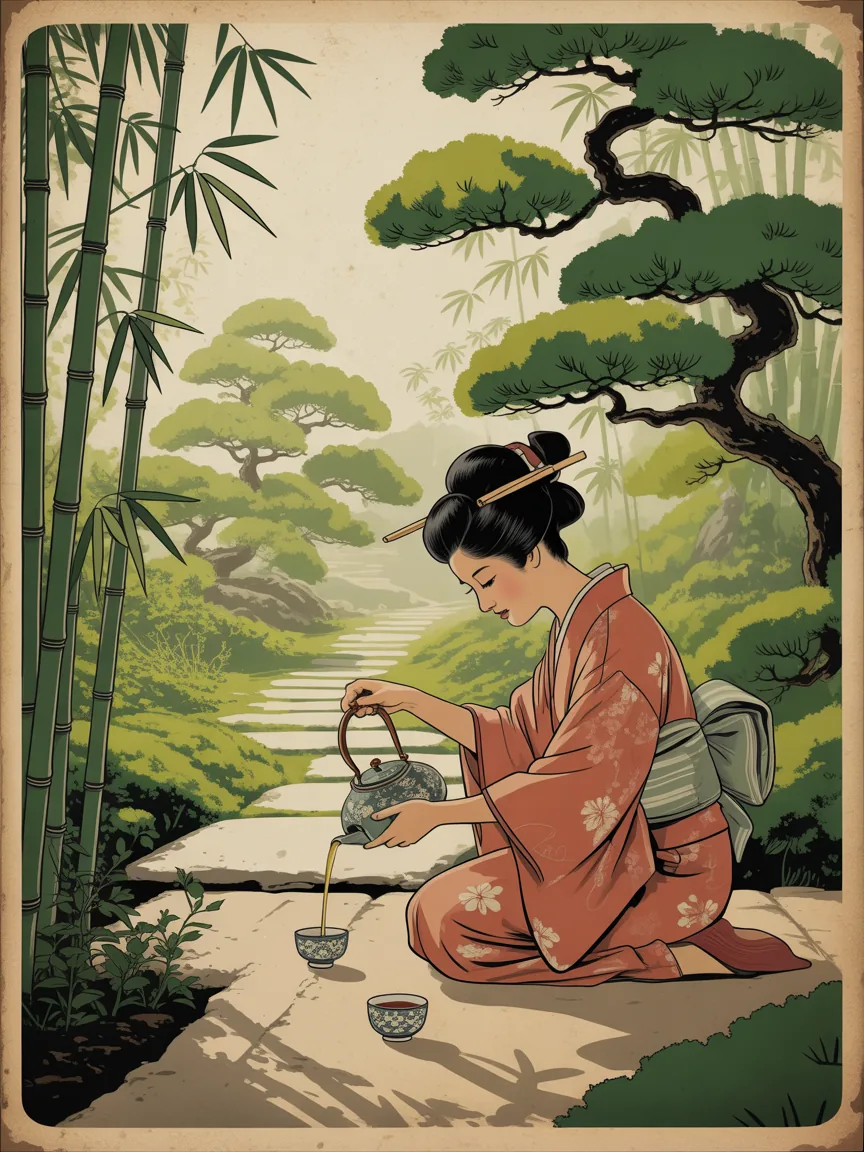 Vintage Asian Woman Pouring Tea in Garden Wall Art