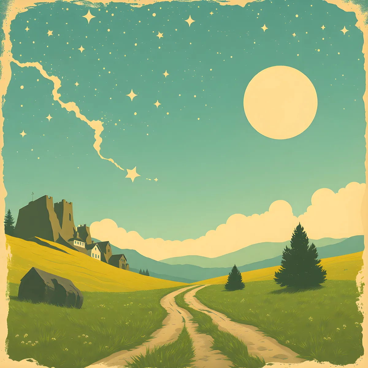 Vintage Countryside Castle Landscape Wall Art