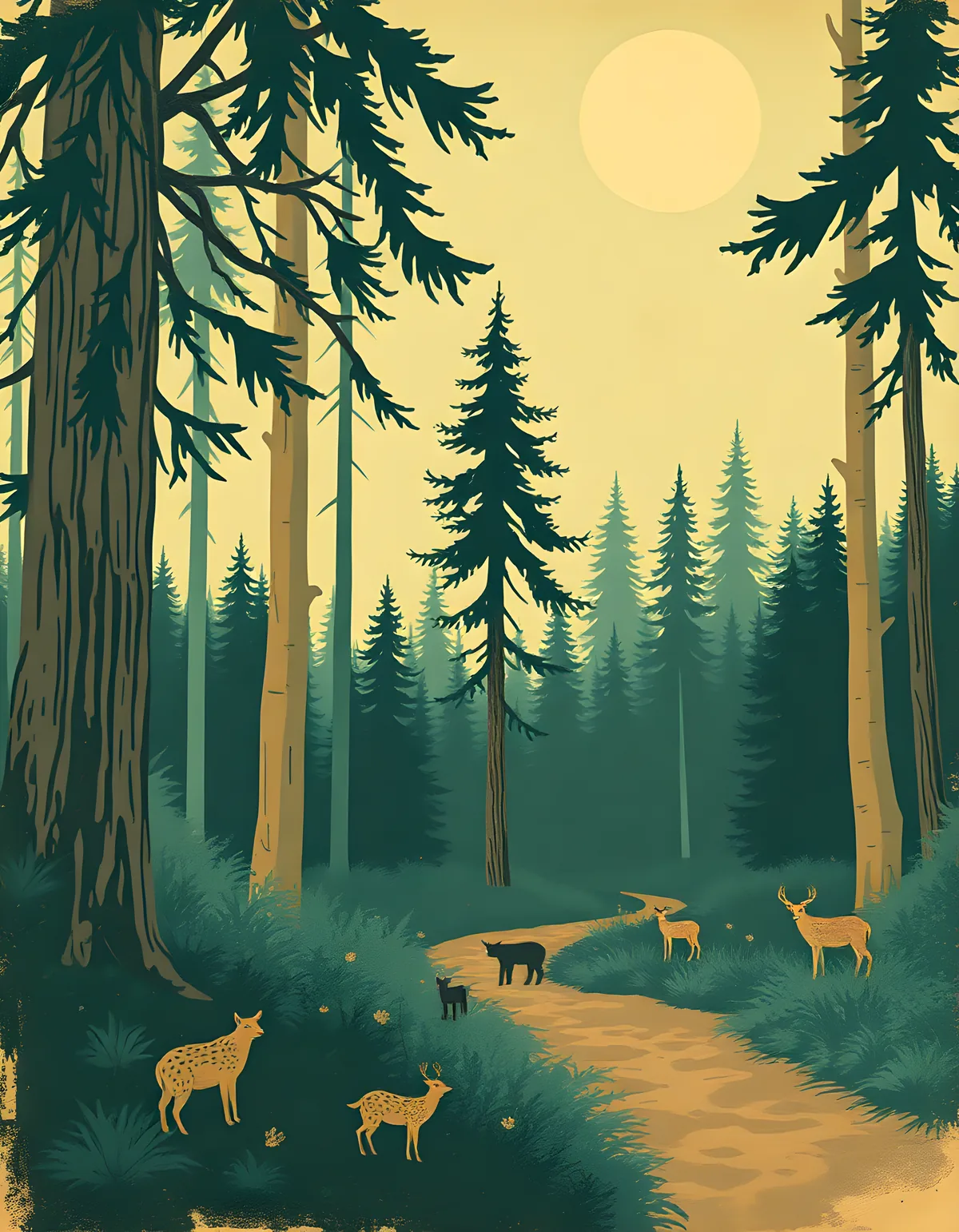 Vintage Forest Wildlife Path Sun Wall Art