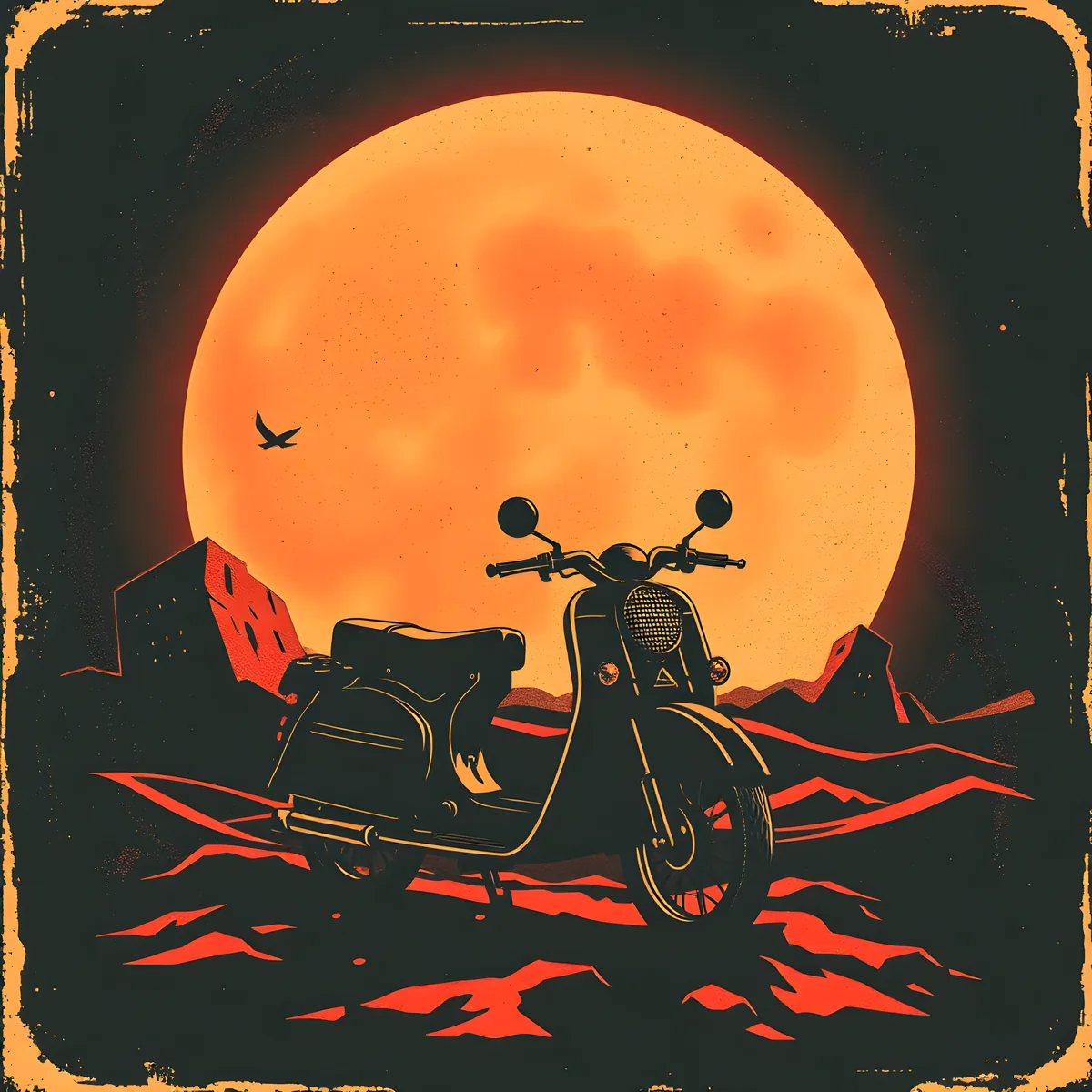 Vintage Motorcycle Sidecar Moon Silhouette Wall Art