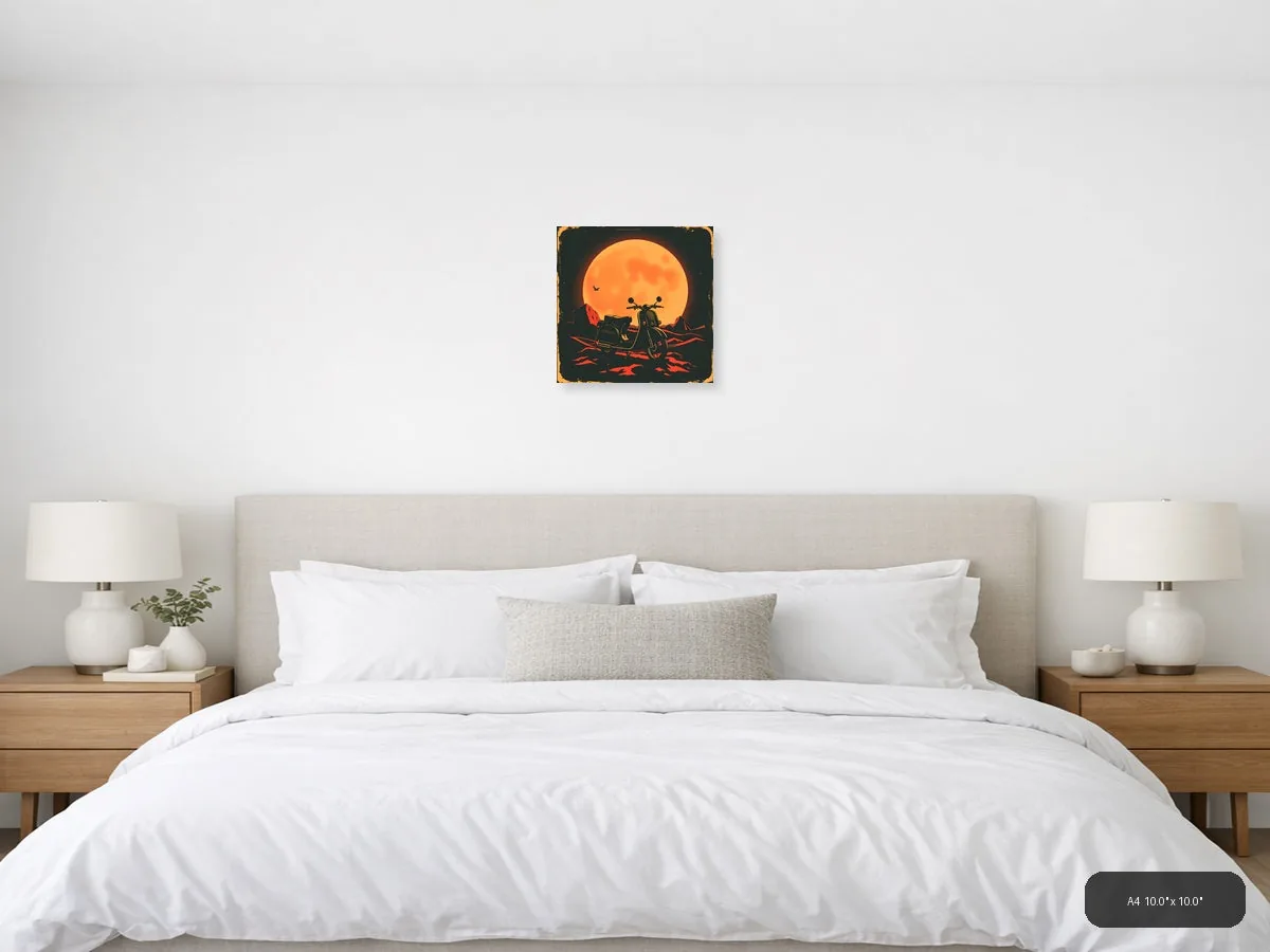 Vintage Motorcycle Sidecar Moon Silhouette Wall Art shown in a room setting at 24 × 24 in