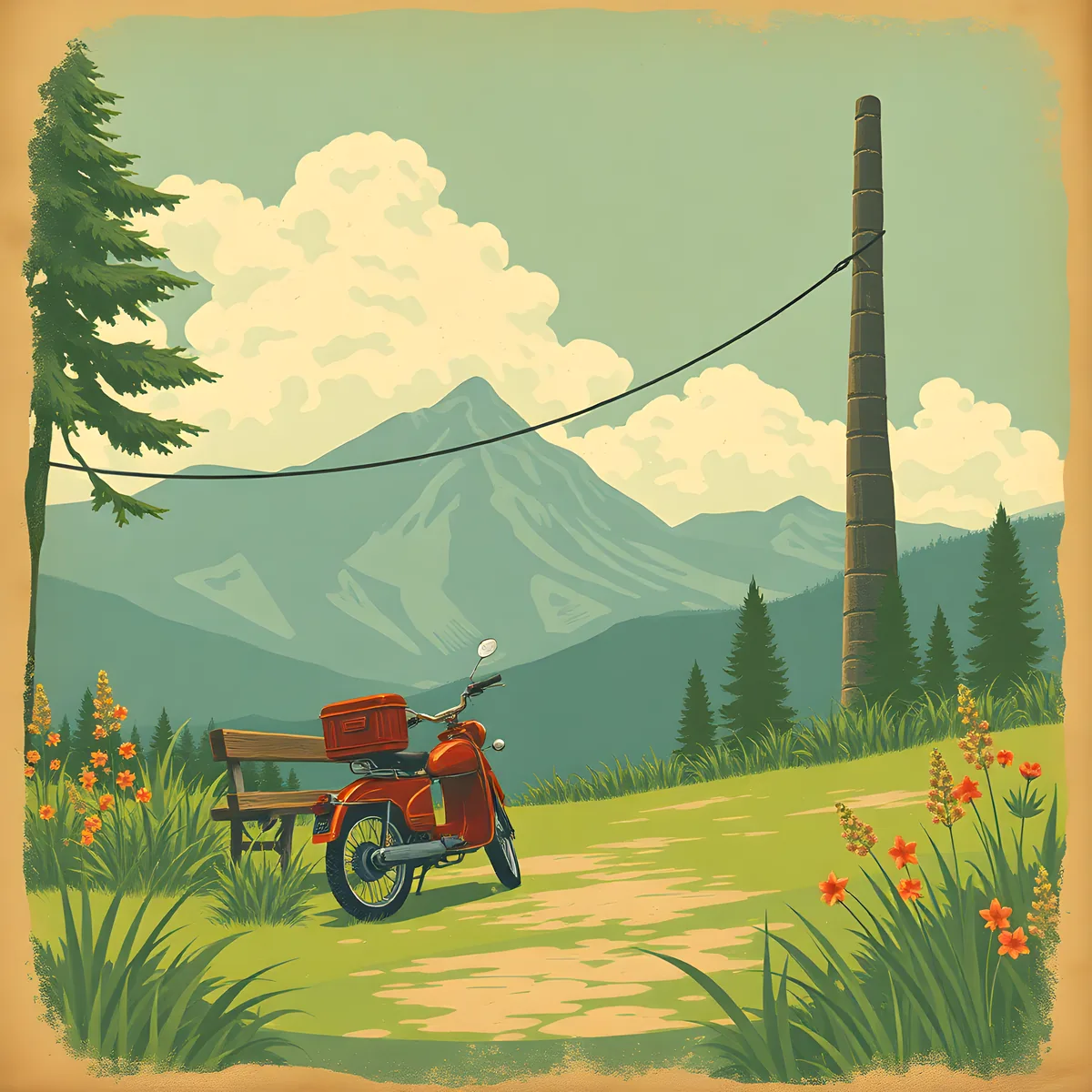 Vintage Red Scooter Mountain Landscape Wall Art