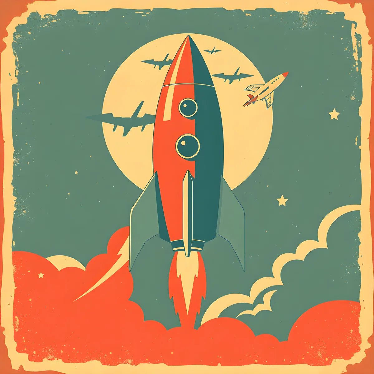Vintage Rocket Launch Illustration Square Wall Art