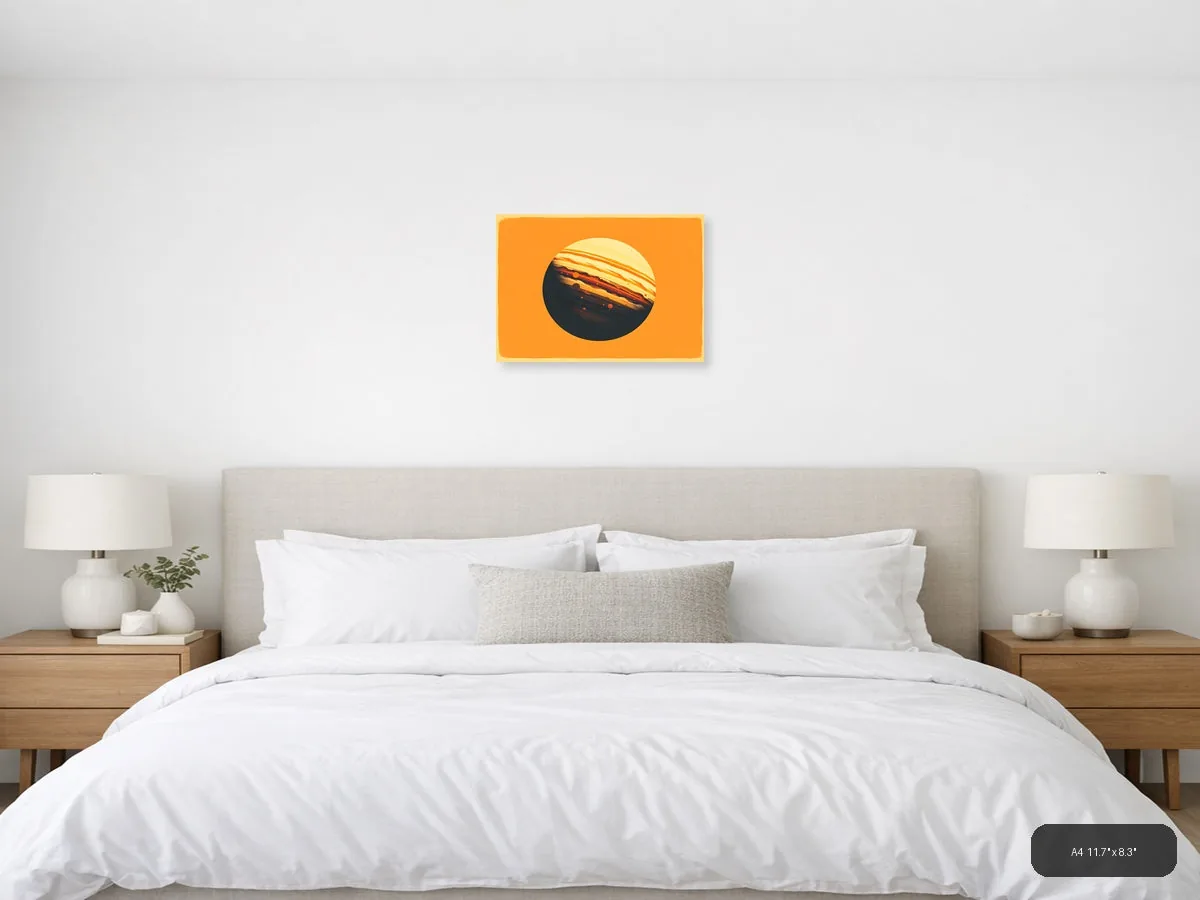 Vintage Saturn Planet Orange Sky Wall Art shown in a room setting at 30 × 24 in