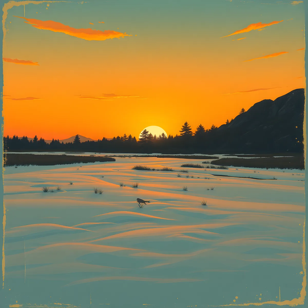 Vintage Sunset Lake Landscape with Mountains Wall Art