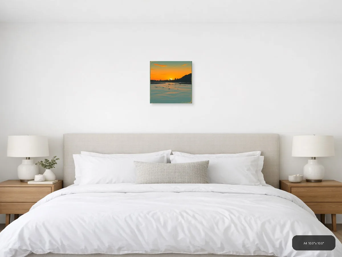 Vintage Sunset Lake Landscape with Mountains Wall Art shown in a room setting at 24 × 24 in