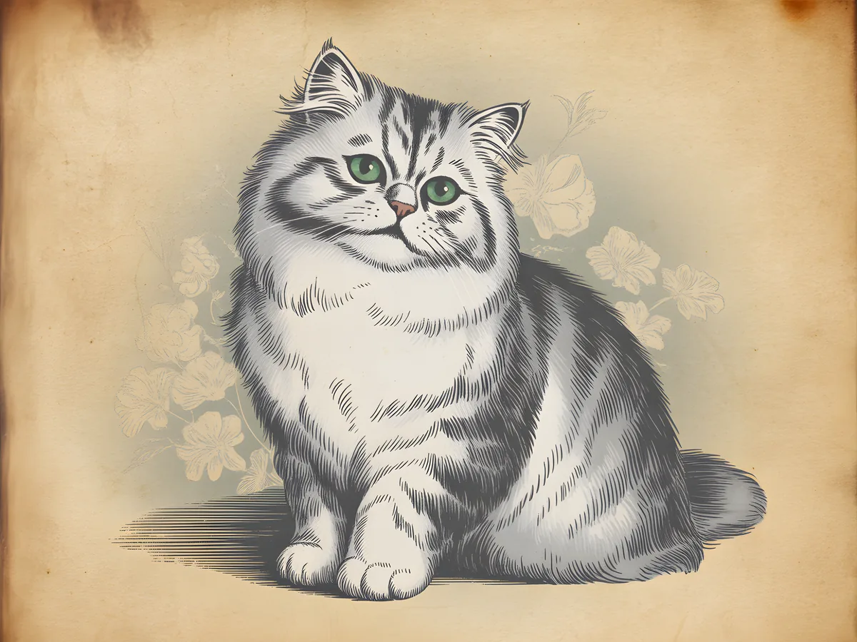 Vintage Fluffy Cat with Green Eyes Illustration Wall Art