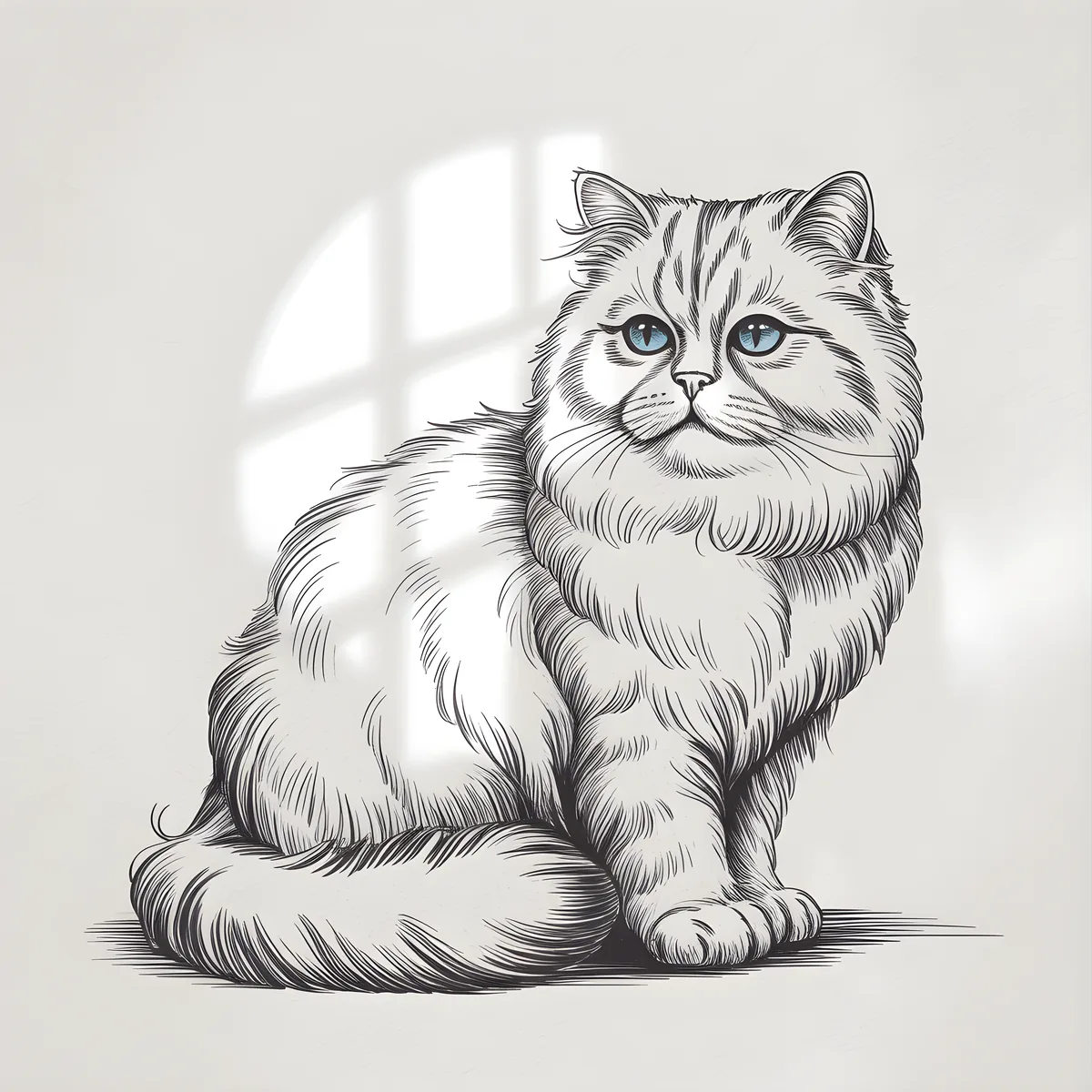 Fluffy Cat with Blue Eyes Line Art Wall Art
