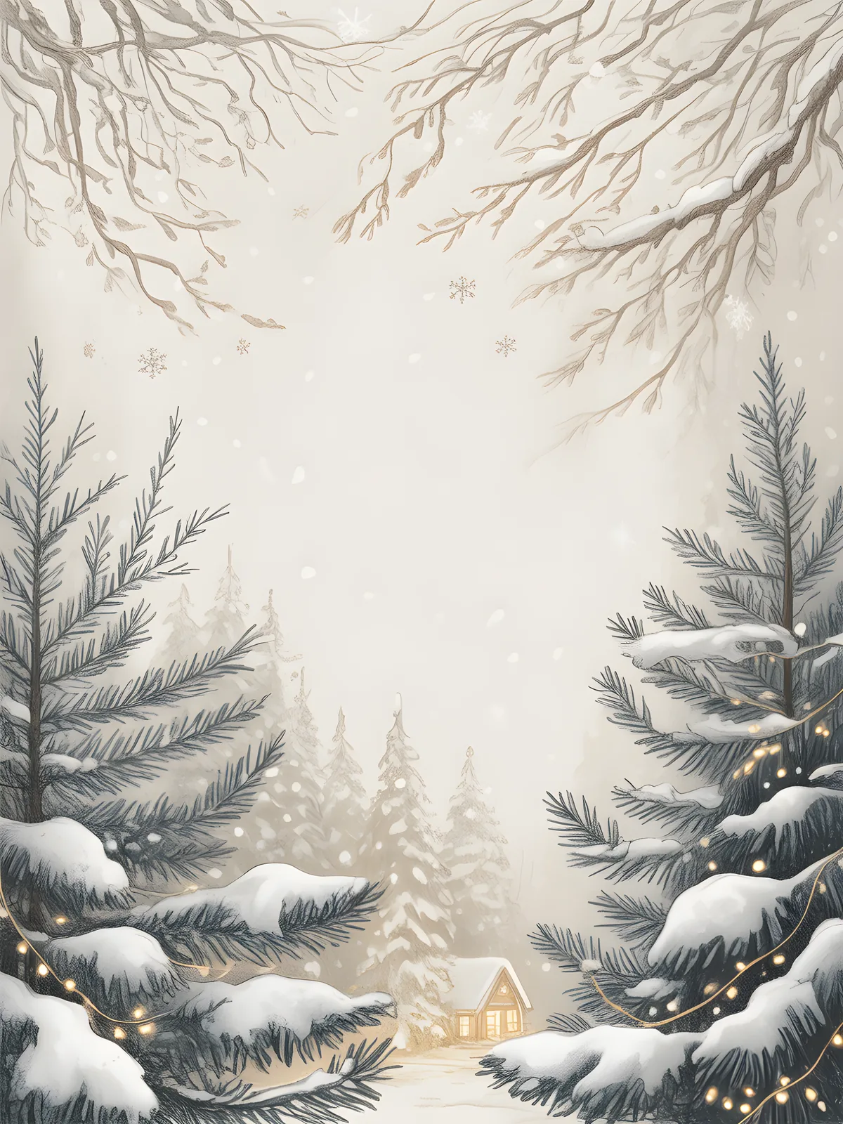 Winter Forest Cottage Line Art Wall Art