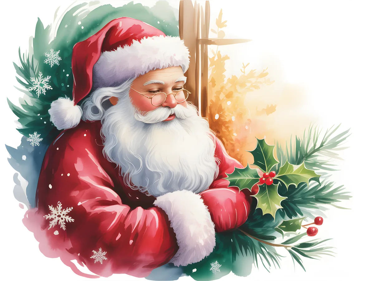 Santa Claus with Holly & Snowflakes Watercolor Wall Art