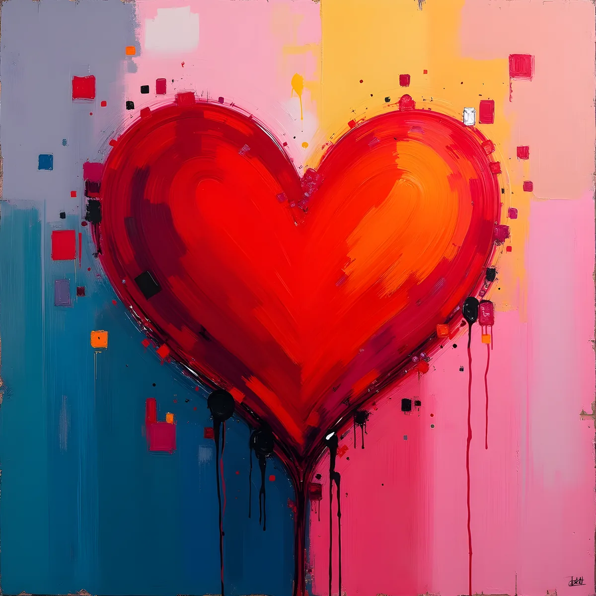 Abstract Red Heart with Dripping Paint Wall Art