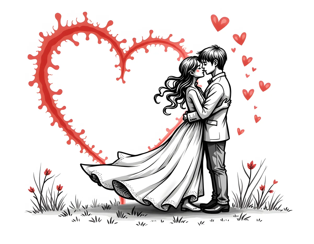 Couple Kissing Red Heart Line Art Wall Art