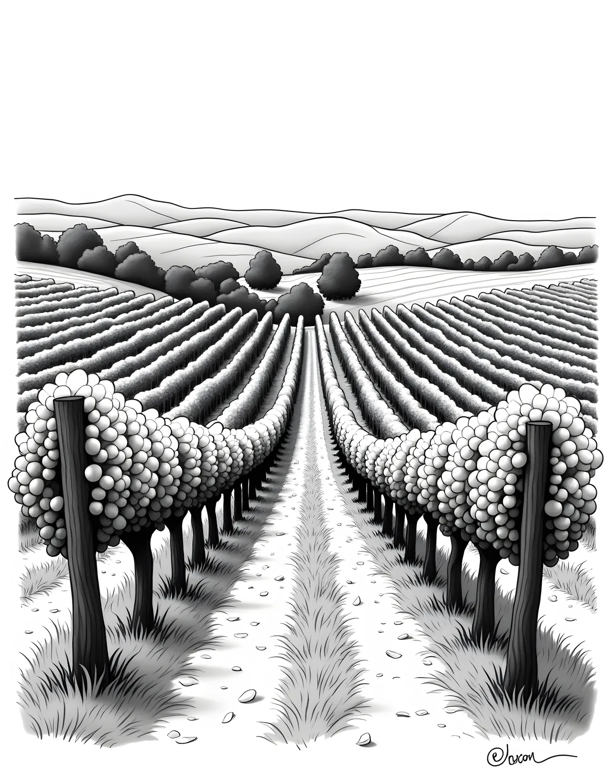 Vineyard Landscape Line Art - Monochrome Wine Country Wall Art