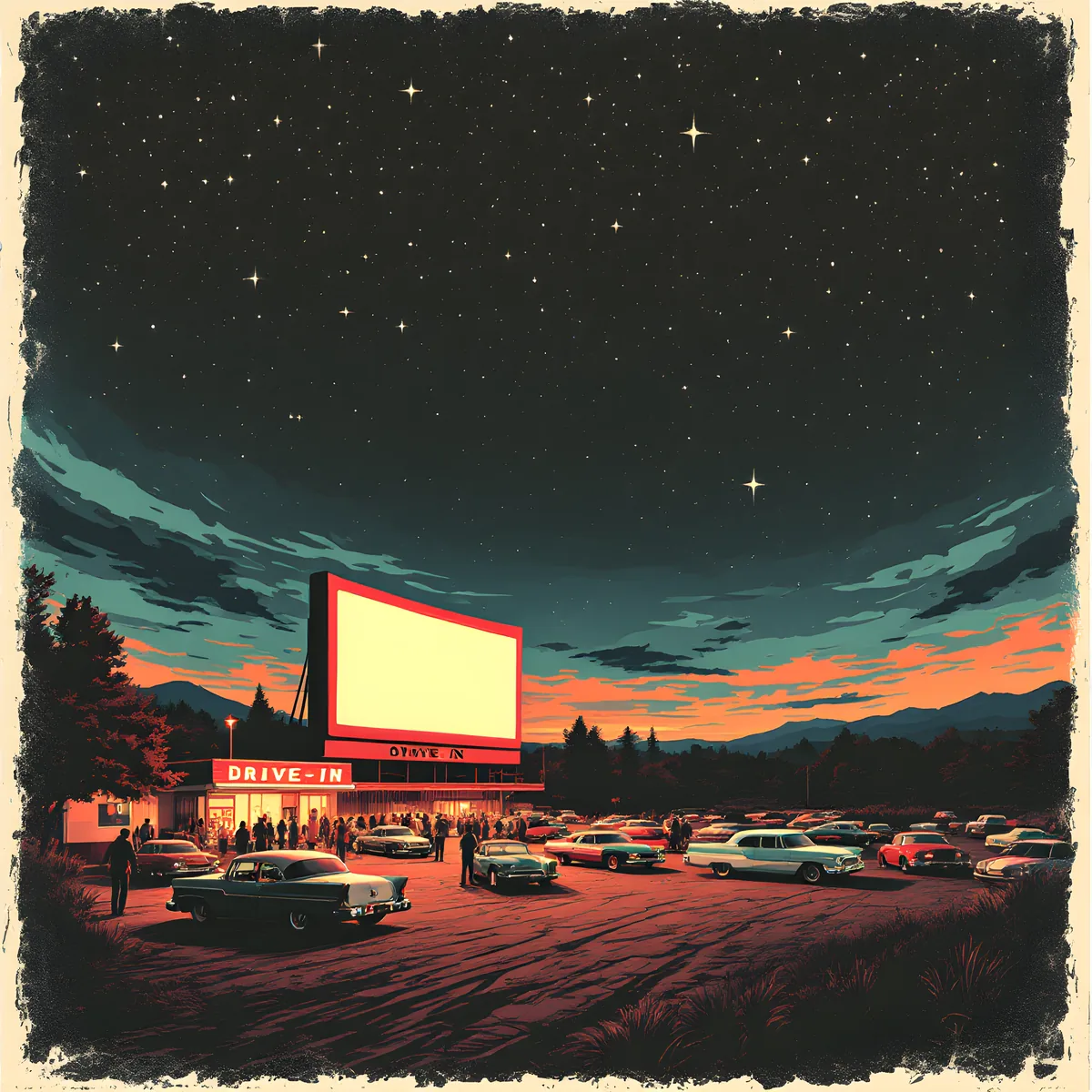 Vintage Drive-In Theater at Sunset - Retro Wall Art