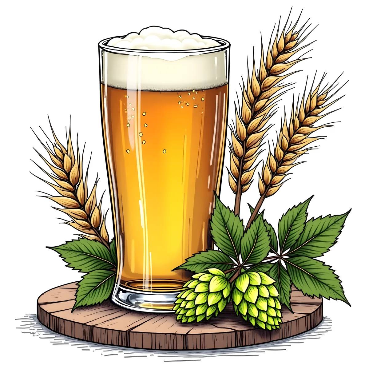 Beer Glass with Hops and Wheat Line Art Wall Art