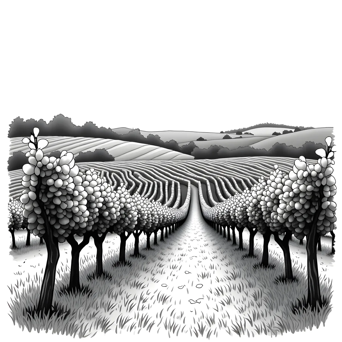 Vineyard Rows Line Art - Monochrome Landscape Wall Art